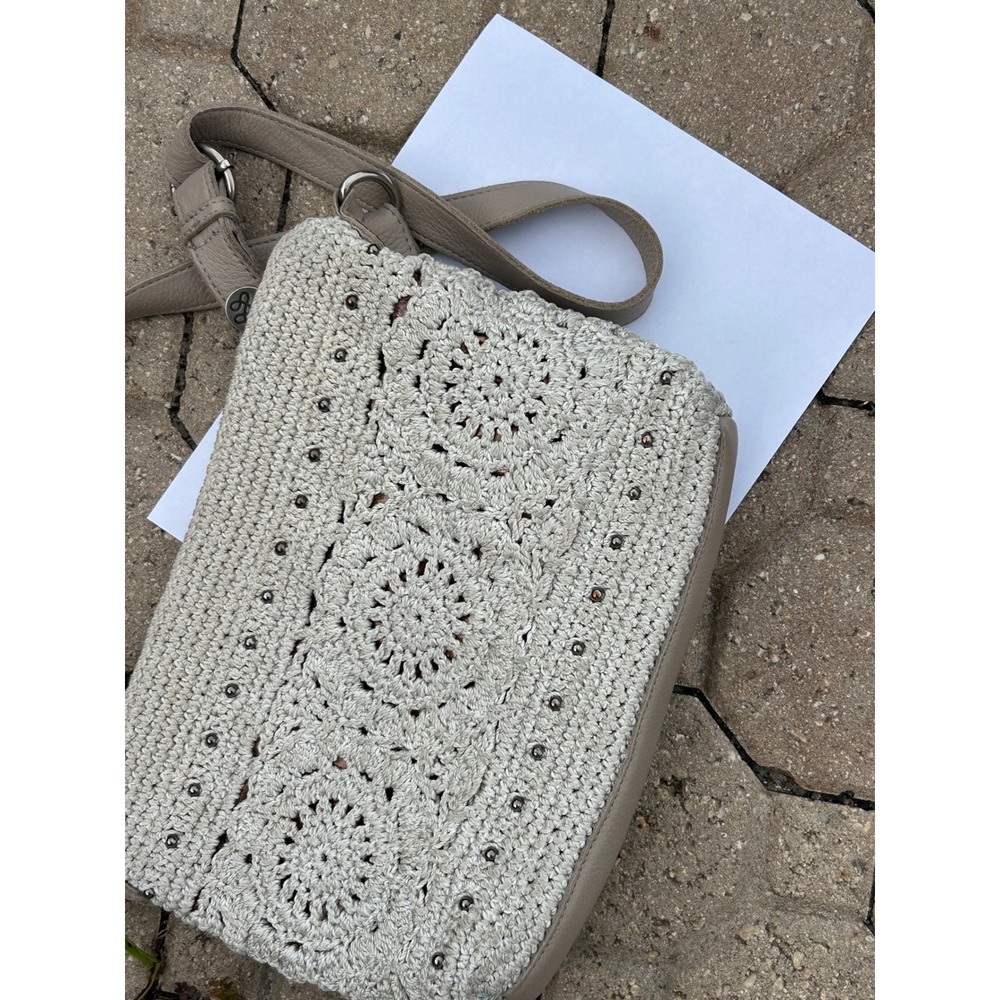 The Sak Crochet Crossbody Bag Beige Studded Boho Handcrafted Purse